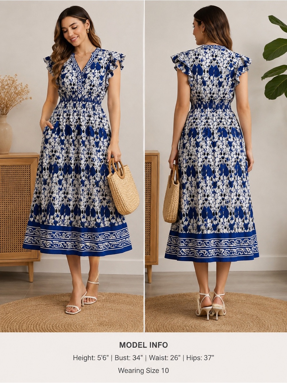 BloomChic NWT Floral Midi Dress Blue White Ruffle Pockets Size 10